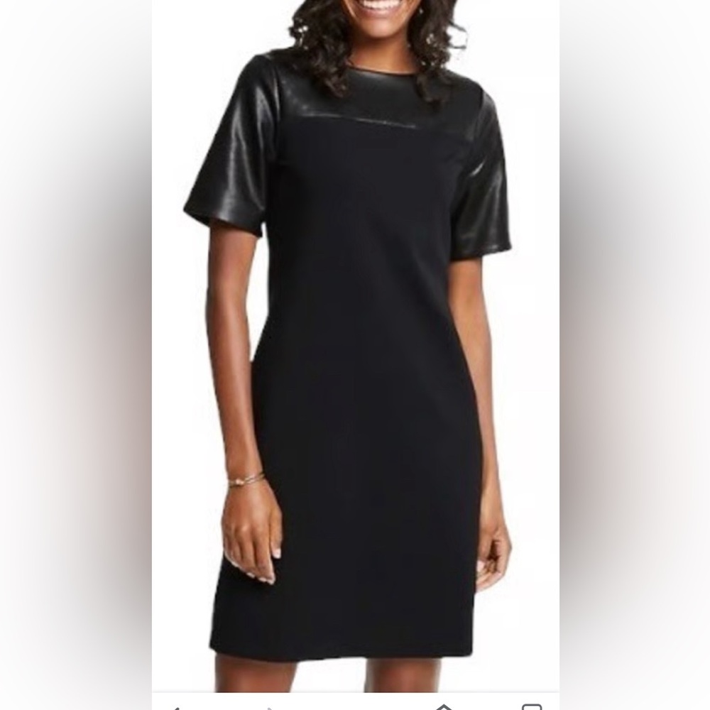 Ann Taylor Faux Leather Sleeve Midi Dress Black Size 4P